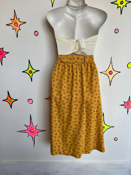 Vintage 90s | High Waisted Geometric Yellow Midi Skirt | Size S