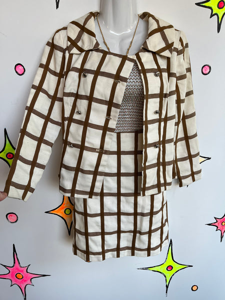 Vintage 1960s 60s | Brown and White GoGo Mod 2 piece Dress Suit | Size