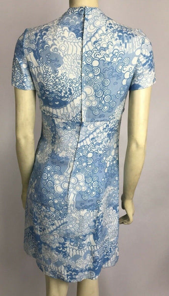 VTG Vintage 60s 70s ADELE SIMPSON Blue Boho Asian Mandarin Abstract Mini Dress