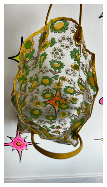 Vintage 1960's 60s | Mod Boho Hippie Clear Flower Power Vinyl Plastic Tote Bag