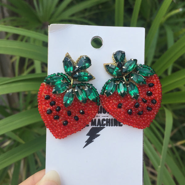 Strawberry | Retro Kitschy Kawaii | Beaded Crystals Stud Statement Earrings