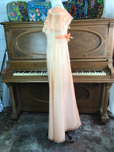 Vintage Peach Dot Ruffle Gunne Sax Style Festival Prairie Dress Lace weet Boho Hippy Small