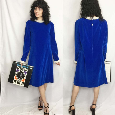 Vintage 60s | Bright Blue Velvet MOD Mini MCM Beaded Cocktail Party Dress | L