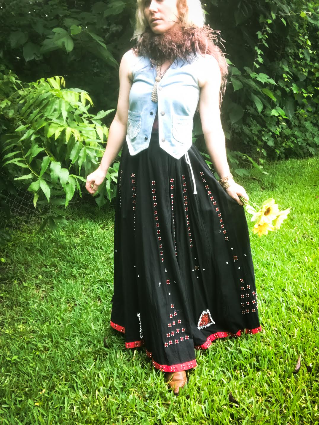 Vintage 70s | Embellished Flowy Hippie Festival Boho Maxi Skirt | Free Size