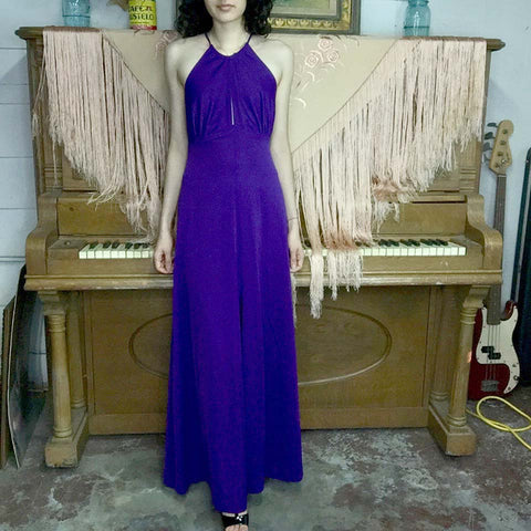 Vintage 70s | Purple Boho Disco Maxi Halter Lace Up Keyhole Dress | XS