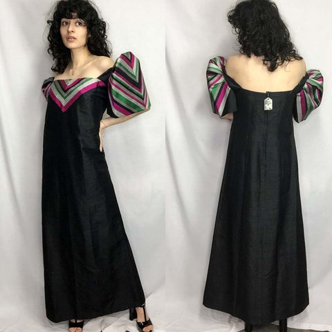 Vintage 70s 80s Wild Glam Raw Silk Geometric Puff Sleeve Disco Bowie Dress | S/M