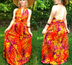 Vintage 70s | Psychedelic Day Glo Hawaiian Bohemian Hippie Maxi Festival Dress S