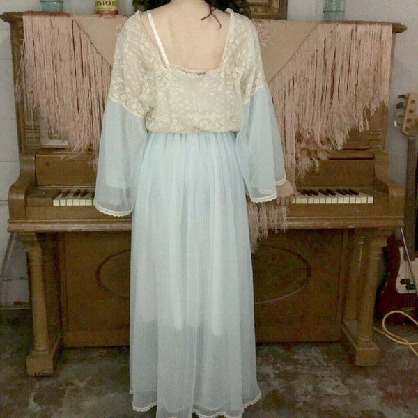 Vintage 60s Blue Double Layer Chiffon and Lace Robe | M/L