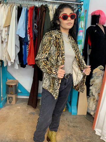 Vintage70s 80s | Faux Fur Leopard Print Glam Jacket Bohemian Pinup Mod | SM