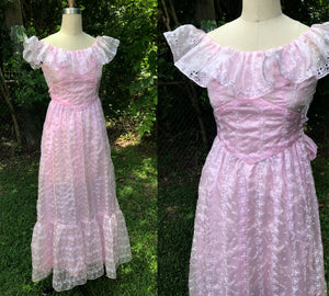 VTG 70s | Pink Gunne Sax Style Prom Prairie Lace Edwardian Boho Dress | XS