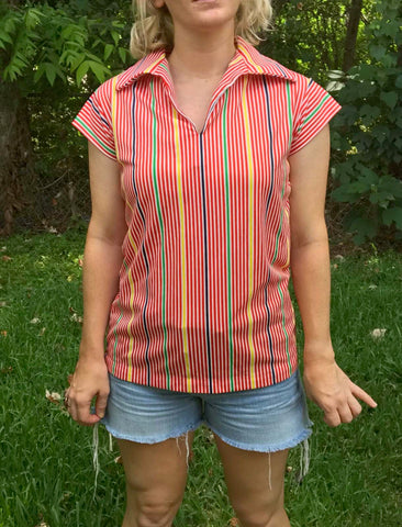 Vintage 60s 70s | Striped Polyester Novelty Shirt Top Mod Boho Disco Blouse S M