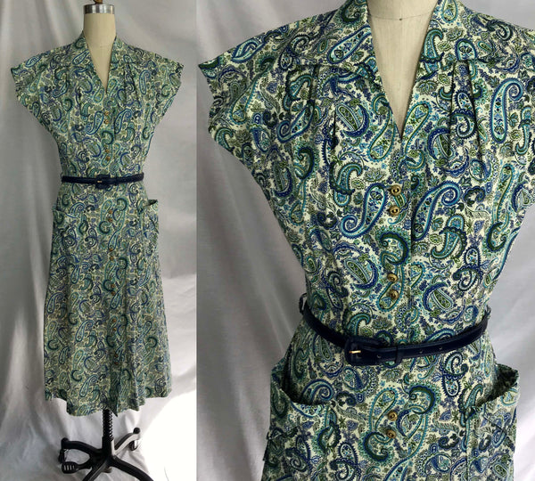 Vintage 40s 1940s | Wartime Fit and Flare Paisley Cotton Day Dress | M/L 10