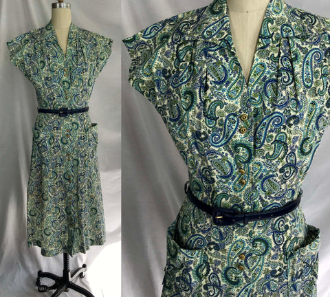 Vintage 40s 1940s | Wartime Fit and Flare Paisley Cotton Day Dress | M/L 10