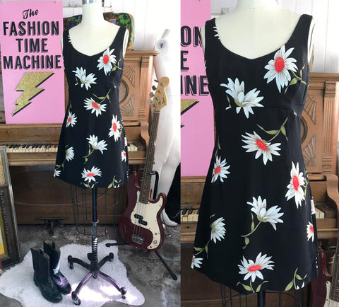 Vintage 90s Rampage/ Black Sunflower Print Floaty Mini Dress / dELia*s Style/ Friends/ White Floral/ Slip Dress size 5