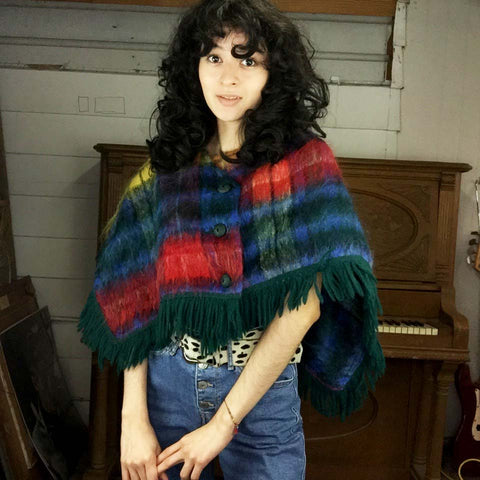 Vintage 70s | Plaid Wool Poncho Bohemian Cape with Fringe | Free Size