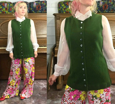 Vintage Mod 60s 70s | Green Button Down Wool Waistcoat Layering Piece Jacket | M