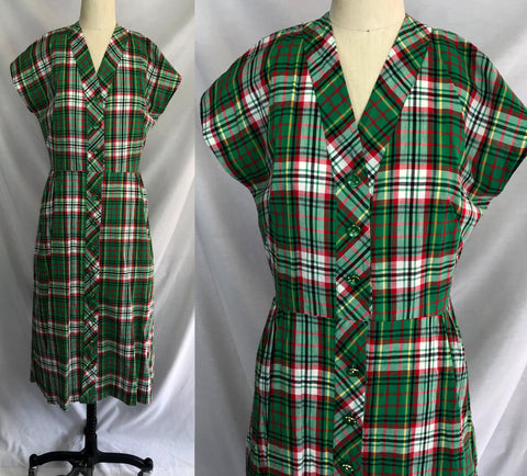 Vintage 40s 1940s | Green Plaid Cotton Day Dress Belle Brook Frocks Milwaukee ML