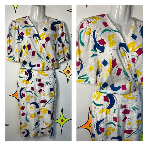 Vintage 80s | Liz Claiborne Rainbow Abstract Art Secretary Peplum Dress | Sz 12