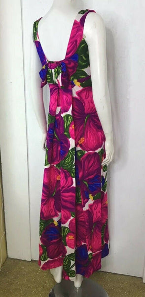 Vintage 60s Mod Cotton Barkcloth Hawaiian Magenta Pink Psychadelic Maxi Dress 6