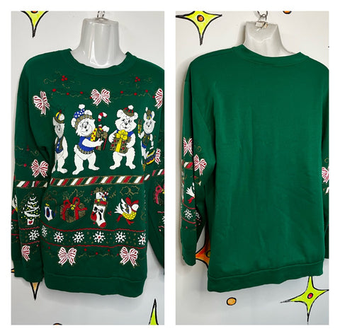 Vintage 80s 90s | Puffy Paint Glitter Tacky Ugly Christmas Bear Sweater | L XL