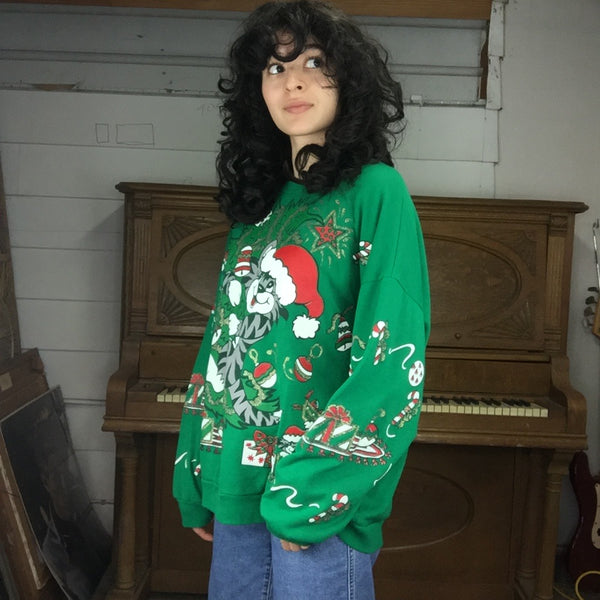 Vintage 80s | Cat Puffy Paint Ugly Christmas Sweatshirt Sweater | L/XL