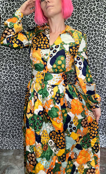 Vintage 60s 70s | Bill Tice Royal Robes Psychedelic Mod Quilted Groovy Dress | S