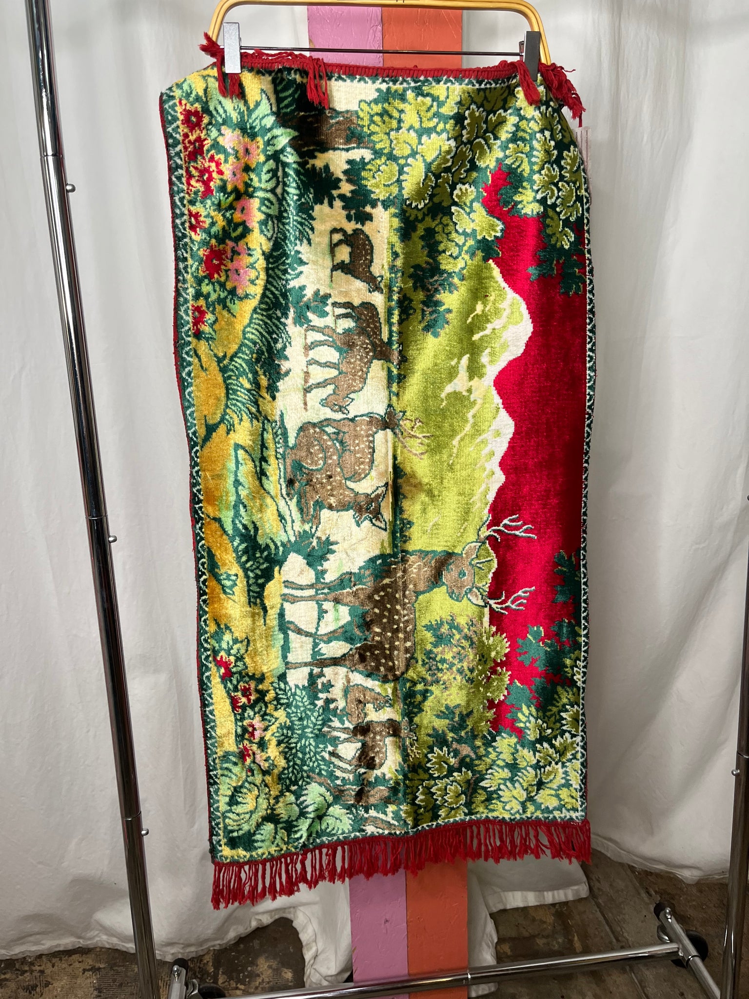 Vintage | Victorian Style | Red Velvet Fringe Deer Tapestry Wall Hanging