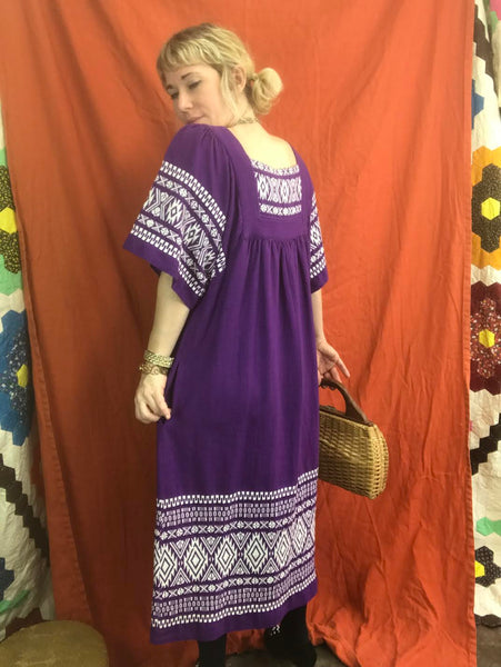 Vintage 70s | Guatemalan | Oaxacan Style MuuMuu Cotton Caftan Boho Dress | Sz L