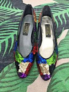 Vintage 80s J Renee Rainbow Sequin Glam Pumps Kitten Heels Rare 7