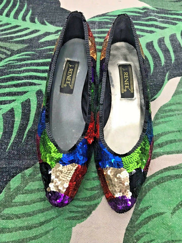 Vintage 80s J Renee Rainbow Sequin Glam Pumps Kitten Heels Rare 7