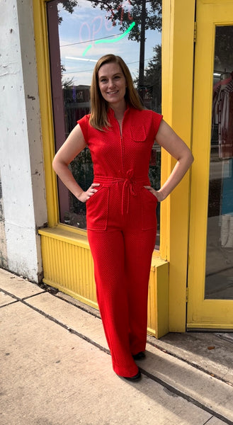 Vintage 1970s | Red Groovy Mod Disco Wide Leg Bellbottoms Jumpsuit | L