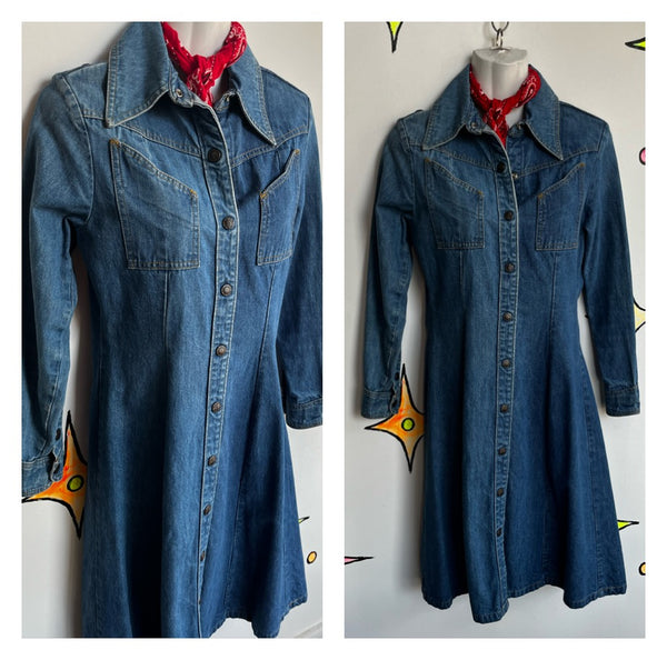 Vintage 70s | Gap Denim Western Snap Dress | Size S/M