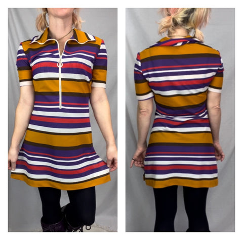 Vintage 60s | Rainbow Stripe Zip Up MOD Mini Dress | Size Small 4