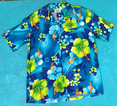 VTG Men's Blue Hawaiian Tropical Floral Print Button Down Vacation Shirt XL