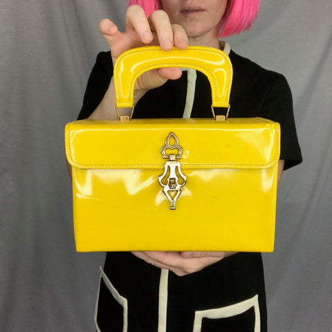 Vintage 1960s | Bright Yellow MOD GoGo Patent Leather Box Purse Bag Handbag