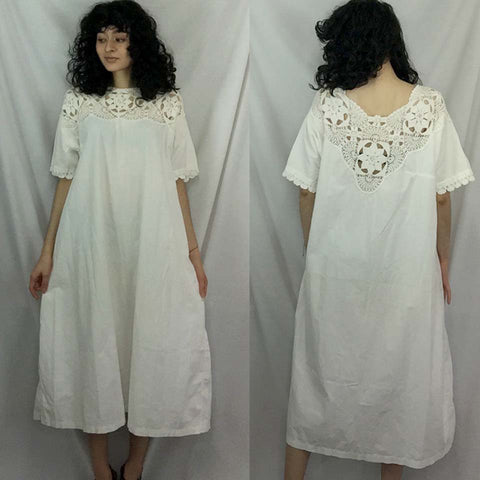 Vintage 70s | White Mexican Hippie Cotton Boho Hippie Crochet Dress | Free Size