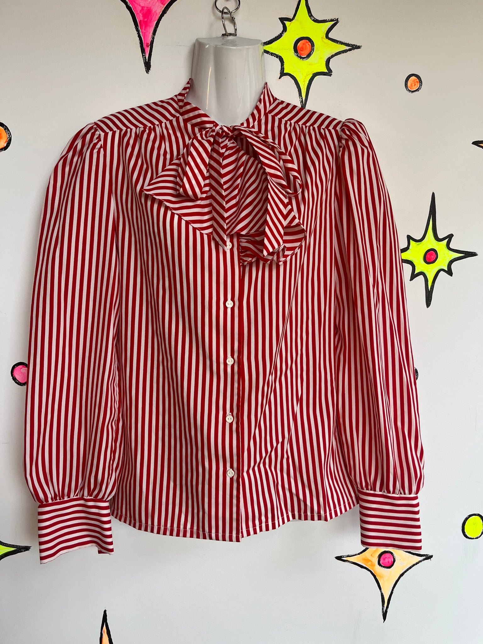 Vintage 70s 80s | Red Peppermint Striped Bow Tie Secretary Blouse Shirt Top | ML