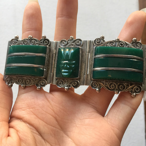 Vintage 1940s | Mexican Aztec Silver and Carved Jade or Onyx Mask Bracelet