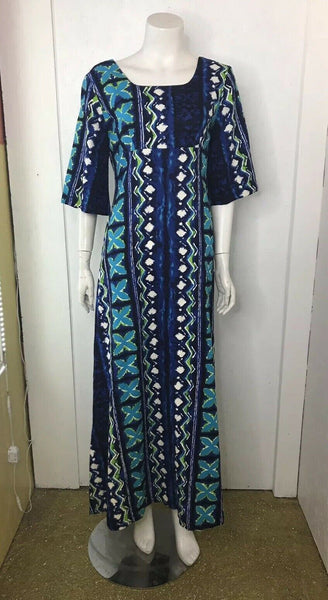 Vintage 60s Mod Cotton Barkcloth Hawaiian Blue Op Art Psychadelic Maxi Dress S