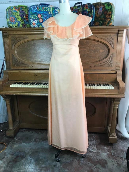 Vintage Peach Dot Ruffle Gunne Sax Style Festival Prairie Dress Lace weet Boho Hippy Small