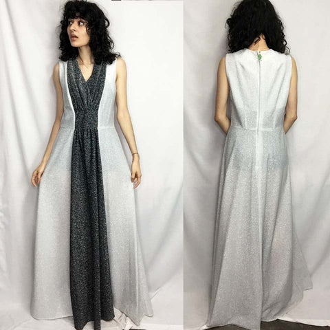 Vintage 70s | Metallic Silver Retro Groovy MOD Boho Maxi Disco Goddess Dress S/M