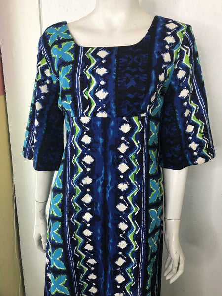 Vintage 60s Mod Cotton Barkcloth Hawaiian Blue Op Art Psychadelic Maxi Dress S