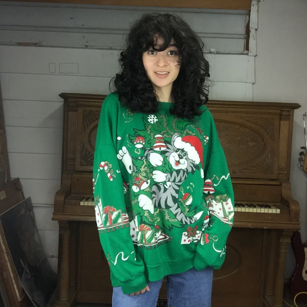 Vintage 80s | Cat Puffy Paint Ugly Christmas Sweatshirt Sweater | L/XL