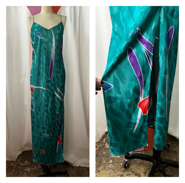 Vintage 80s | Flora Kung Abstract Print Full Length Slip Dress with Slit | L