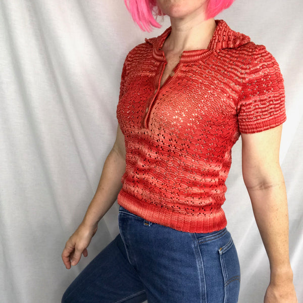 Vintage 60s 70s | Red Knit Mod GoGo Groovy Hippie Boho Big Collar Crop Top | S