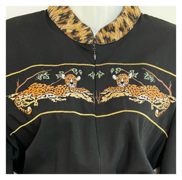 Vintage 80s 90s | Embroidered Zip Front Leopard Print Secretary Dress | Size M
