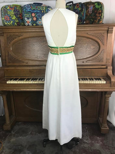 Vintage 60s 70s Mod Mid Century Maxi Prom Party Wedding Cocktail Beaded Cut Out Back Dress XS