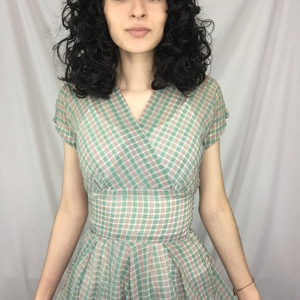 Vintage 40s 1950s | Plaid Fit and Flair Semi Sheer Pin Up Cotton Day Dress | XS
