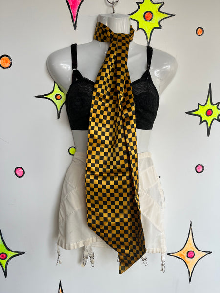 Vintage 80s Gold and Black Long Checkered Silk Scarf