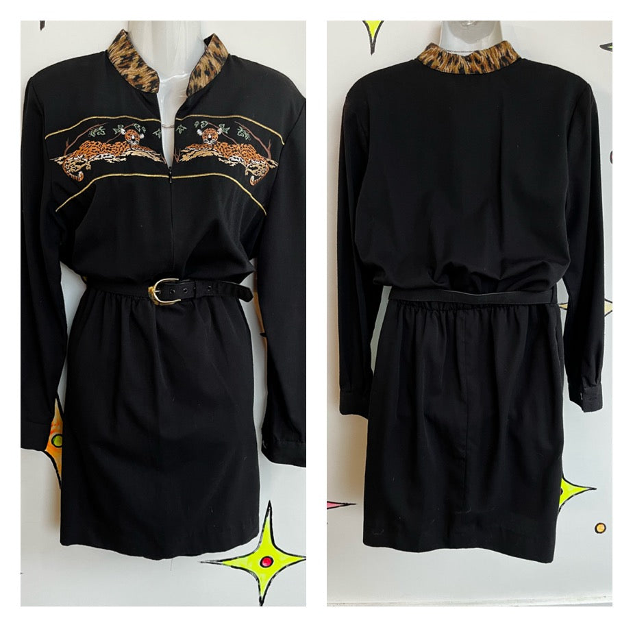 Vintage 80s 90s | Embroidered Zip Front Leopard Print Secretary Dress | Size M